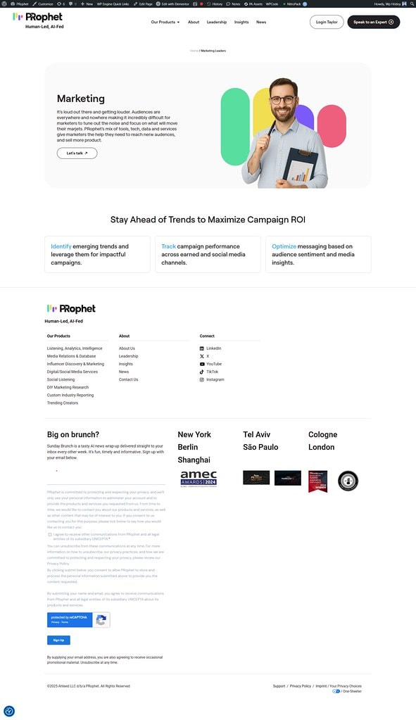 PR Prophet AI — AI-Powered PR Analytics Platform — full-page website screenshot designed by Wp Hridoy Khan